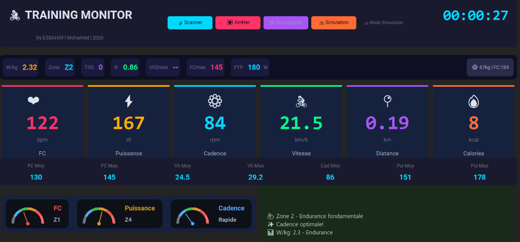Training Monitor - Session active et puissance estimée